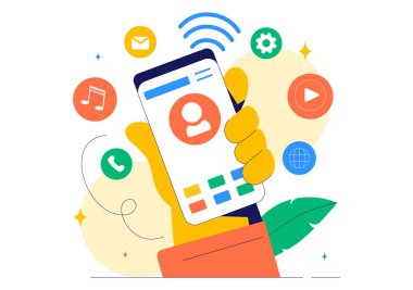 Düz Biçim Arkaplanındaki Ağ 'a Bağlı İnternet Teknoloji Aygıtları Özellikli Akıllı Aygıtlar Vektör İllüstrasyonu