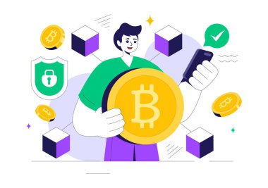 Kripto Topluluk Yönetimi ve Arkaplanda Küp Blokları ile Bilgisayar 'da çalışan bir Teknoloji Mimarı' nın yer aldığı Blok Vektör İllüstrasyonu