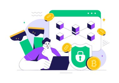 Kripto Topluluk Yönetimi ve Arkaplanda Küp Blokları ile Bilgisayar 'da çalışan bir Teknoloji Mimarı' nın yer aldığı Blok Vektör İllüstrasyonu