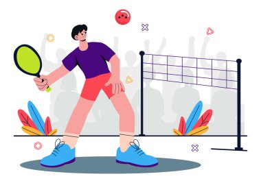 Pickleball Maçı Spor İllüstrasyonunda raket, raket ve raket kullanan Pickleball Oyuncuları ve arka planda spor etkinlikleri ve maçları için bir mahkeme yer alıyor.