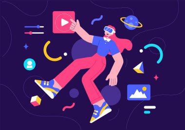 Metaverse Dijital Sanal Gerçeklik Teknolojisi Vektör İllüstrasyonunda VR gözlük takan ve gelecekteki buluşlar ve iletişim için