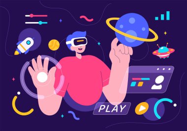 Metaverse Dijital Sanal Gerçeklik Teknolojisi Vektör İllüstrasyonunda VR gözlük takan ve gelecekteki buluşlar ve iletişim için