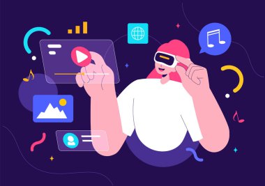 Metaverse Dijital Sanal Gerçeklik Teknolojisi Vektör İllüstrasyonunda VR gözlük takan ve gelecekteki buluşlar ve iletişim için