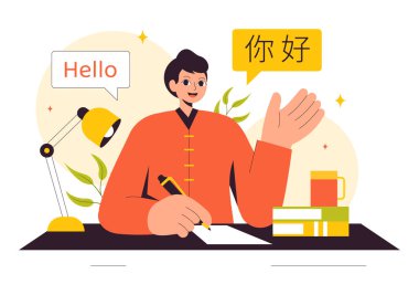 Çin Dili Vektör İllüstrasyonu. Ni hao Merhaba Çeviri, Bir Okul Dinleme, Okuma ve Konuşma kursunun yer aldığı