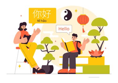 Çin Dili Vektör İllüstrasyonu. Ni hao Merhaba Çeviri, Bir Okul Dinleme, Okuma ve Konuşma kursunun yer aldığı