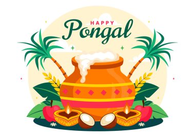 Geleneksel Tamil Nadu Hindistan Festivali 'nin Mutlu Pongal Vektör Resimleri. Şeker kamışı ve bir tabak Dini Aksesuar.