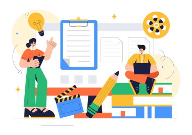 Senarist Vektör İllüstrasyonu: Profesyonel Senarist ve Senaryo Yazarı, Görüntü Yönetmeni veya Arkaplanda Film Yapımı