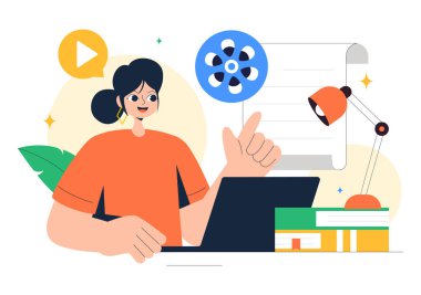 Senarist Vektör İllüstrasyonu: Profesyonel Senarist ve Senaryo Yazarı, Görüntü Yönetmeni veya Arkaplanda Film Yapımı