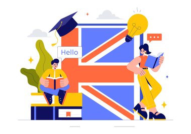 Yabancı Diller, Küresel İletişim ve İlköğretim Dilleri Dersleri Çalışan Öğrencileri konu alan İngilizce Dil Vektörü İllüstrasyonu