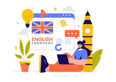 English Language Vector Illustration featuring Students Studying Foreign Languages, Global Communication, and Elementary Grammar Lessons Background clipart