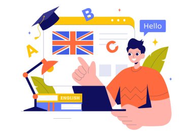 Yabancı Diller, Küresel İletişim ve İlköğretim Dilleri Dersleri Çalışan Öğrencileri konu alan İngilizce Dil Vektörü İllüstrasyonu