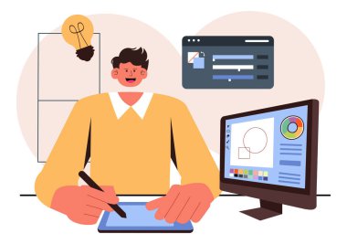 Arkaplanda Çizgi Film ve Animasyon Ürünleri Oluşturmak İçin Tasarım Yazılımı ile Yaratıcılık ve İş içeren Grafik Tasarımcı Vektör İlülasyonu