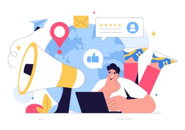 Başarılı Marka Reklamcılığı, İtibar Yönetimi ve Dijital Pazarlamada Geri bildirim içeren Olumlu Halkla İlişkiler Vektörü İllüstrasyonu