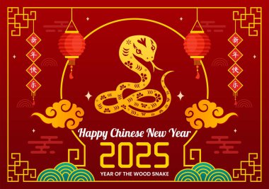 Mutlu Çin Yeni Yılı 2025 Vektör İllüstrasyonu. Çeviri: Yılan Yılan Yılı, Yılanlar ve Arka planda Geleneksel Çin Elementleri