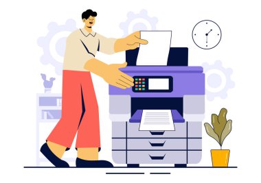 Printer Service Vector Illustration Production Production Process at a Printing House and Machines operating Large File Printers in a background