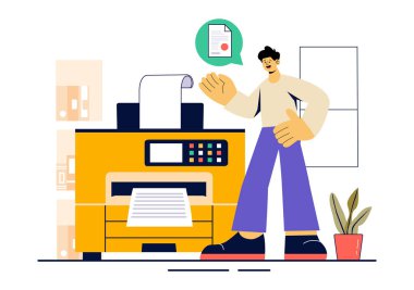 Printer Service Vector Illustration Production Production Process at a Printing House and Machines operating Large File Printers in a background