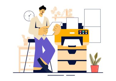 Printer Service Vector Illustration Production Production Process at a Printing House and Machines operating Large File Printers in a background