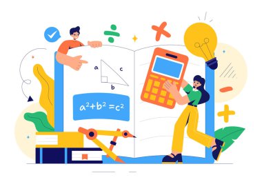 Matematiksel Öğrenme Vektörü İllüstrasyonu Okul Malzemeleri veya Matematiksel Denklemler, Formüller ve Arkaplanda Sembollerle Kırtasiye