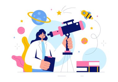 Astronomi Vektörü İllüstrasyonunda, Uzayda Galaksiler ve Gezegenlerle Yıldızlı Gece Gökyüzünü Gözlemleyen İnsanlar Arkaplanda Teleskoplar Kullanıyor