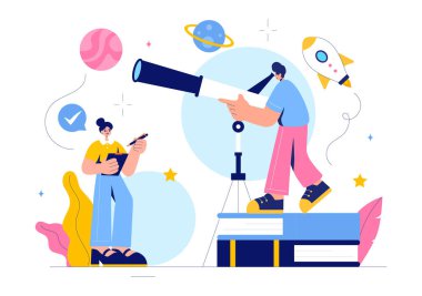 Astronomi Vektörü İllüstrasyonunda, Uzayda Galaksiler ve Gezegenlerle Yıldızlı Gece Gökyüzünü Gözlemleyen İnsanlar Arkaplanda Teleskoplar Kullanıyor