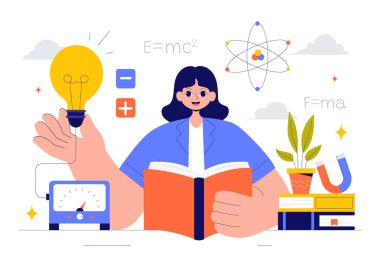 Elektrik, Manyetizma, Işık Dalgaları ve Bilim ve Teknoloji Güçlerini Keşfeden Öğrencilerin Fizik Öğrenme Vektörü İllüstrasyonu