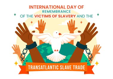 Uluslararası Kölelik Kurbanlarını Anma Günü ve Ellerinde Kırık Kelepçelerin Olduğu Transatlantik Köle Ticareti Vektör İlülasyonu