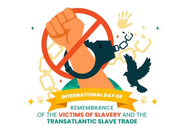 Uluslararası Kölelik Kurbanlarını Anma Günü ve Ellerinde Kırık Kelepçelerin Olduğu Transatlantik Köle Ticareti Vektör İlülasyonu