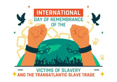 Uluslararası Kölelik Kurbanlarını Anma Günü ve Ellerinde Kırık Kelepçelerin Olduğu Transatlantik Köle Ticareti Vektör İlülasyonu
