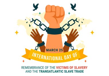 Uluslararası Kölelik Kurbanlarını Anma Günü ve Ellerinde Kırık Kelepçelerin Olduğu Transatlantik Köle Ticareti Vektör İlülasyonu