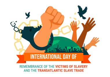Uluslararası Kölelik Kurbanlarını Anma Günü ve Ellerinde Kırık Kelepçelerin Olduğu Transatlantik Köle Ticareti Vektör İlülasyonu
