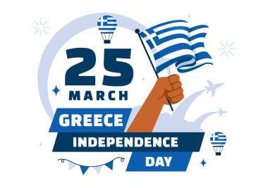 Yunanistan 'ın Bağımsızlık Günü' nün 25 Mart 'taki Vektör İllüstrasyonunda, Ulusal Bayram Tarzı Tarzı Arkaplanda Yunan Bayrağı ve Kurdelesi yer aldı