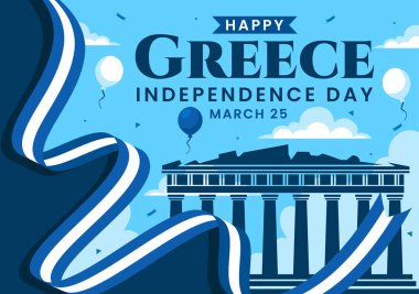 Yunanistan 'ın Bağımsızlık Günü' nün 25 Mart 'taki Vektör İllüstrasyonunda, Ulusal Bayram Tarzı Tarzı Arkaplanda Yunan Bayrağı ve Kurdelesi yer aldı