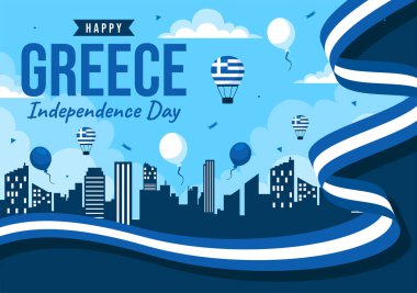 Yunanistan 'ın Bağımsızlık Günü' nün 25 Mart 'taki Vektör İllüstrasyonunda, Ulusal Bayram Tarzı Tarzı Arkaplanda Yunan Bayrağı ve Kurdelesi yer aldı