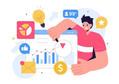 Yükselen İş Eğilimlerini İzleyen ve Projeleri Düz Biçimli Çizgi Film Arkaplanında Yöneten Uzman Bir Uzman Gösterimi