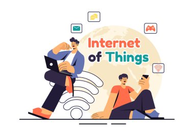 Nesnelerin İnterneti IoT Vektör İllüstrasyonu Teknoloji, Akıllı Bağlantı ve Kontrol Aygıtları İnternet erişimi olan bir Ağ içinde