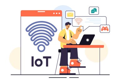 Nesnelerin İnterneti IoT Vektör İllüstrasyonu Teknoloji, Akıllı Bağlantı ve Kontrol Aygıtları İnternet erişimi olan bir Ağ içinde