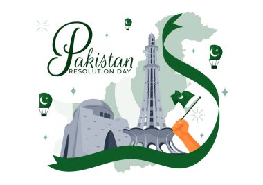 Happy Pakistan Resolution Day Vector Illustration on 23 March, Featuring a Waving Flag and Iconic Landmarks in a National Holiday Flat Background clipart