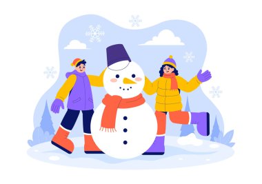 Açık havada eğlenen insanların Kış Aktiviteleri sırasında Düz Tarzlı Çizgi Film Arkaplanında Kardan Adam Yapımının Vektör İllüstrasyonu