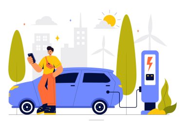 Yeşil Enerji, Çevresel Sürdürülebilirlik veya Ekolojiyi Temsil Eden Şarj ve Kablo Eklentileri ile Elektrikli Araç Pilleri Vektör İllüstrasyonu Yükleniyor