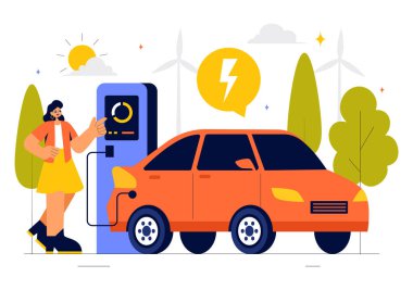Yeşil Enerji, Çevresel Sürdürülebilirlik veya Ekolojiyi Temsil Eden Şarj ve Kablo Eklentileri ile Elektrikli Araç Pilleri Vektör İllüstrasyonu Yükleniyor