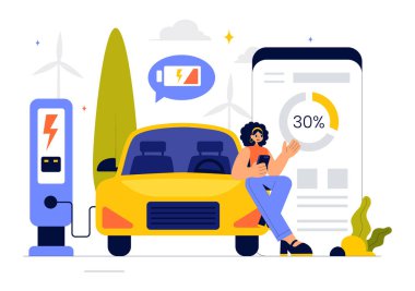 Yeşil Enerji, Çevresel Sürdürülebilirlik veya Ekolojiyi Temsil Eden Şarj ve Kablo Eklentileri ile Elektrikli Araç Pilleri Vektör İllüstrasyonu Yükleniyor