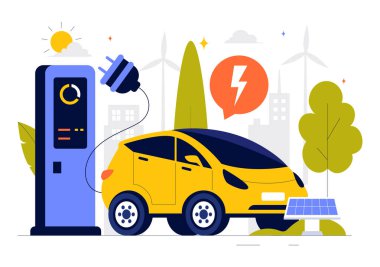 Yeşil Enerji, Çevresel Sürdürülebilirlik veya Ekolojiyi Temsil Eden Şarj ve Kablo Eklentileri ile Elektrikli Araç Pilleri Vektör İllüstrasyonu Yükleniyor