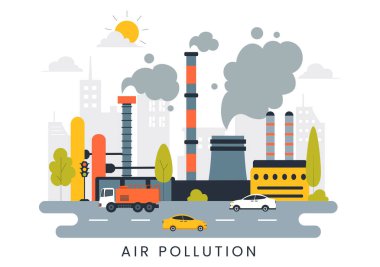 Hava Kirliliği İllüstrasyonunda İklim Değişikliği ve Küresel Isınma Kavramları, Şehir Yolları Sis, Fabrika Duman ve Endüstriyel Duman Altında