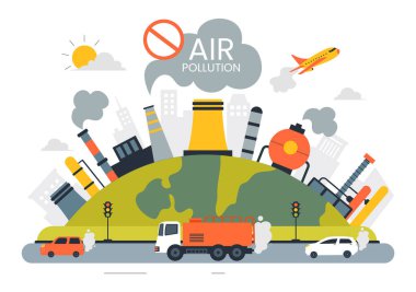 Hava Kirliliği İllüstrasyonunda İklim Değişikliği ve Küresel Isınma Kavramları, Şehir Yolları Sis, Fabrika Duman ve Endüstriyel Duman Altında