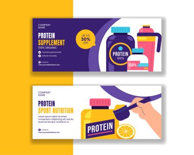 Sosyal Medya Yatay Destekleyici Reklam İçin Düz Çizgi Film Protein Ek Tasarımı