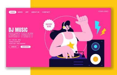 Düz Çizgi Film Stili Gece Yaşamı Kulübü DJ Parti Sosyal Medya Flyer Şablonları İllüstrasyonu