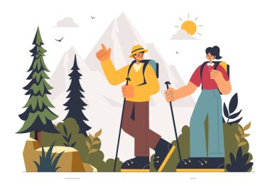 Sırt çantalı ve yürüyen Polonyalıların Huzurlu Dağ Manzarası 'nda Bir Patikada Seyahat Ettiği Dağ Yürüyüşü Vektör İlülasyonu