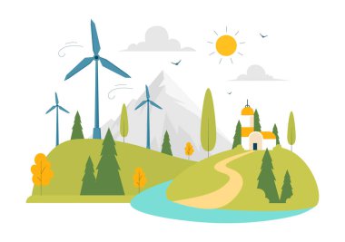 Yeşil Doğa Manzarası ve Dağ Arkaplanı ile Sürdürülebilir ve Yenilenebilir Enerji Konsepti içeren Rüzgâr Türbini Vektör Resimleri