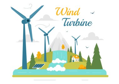 Yeşil Doğa Manzarası ve Dağ Arkaplanı ile Sürdürülebilir ve Yenilenebilir Enerji Konsepti içeren Rüzgâr Türbini Vektör Resimleri