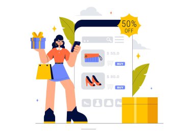 Çevrimiçi Alışveriş Vektörü İllüstrasyonunda Tanıtım ve İndirim Kuponları ile E-ticarette Akıllı Telefonları Teslimat Hizmetleri İçin Kullananlar